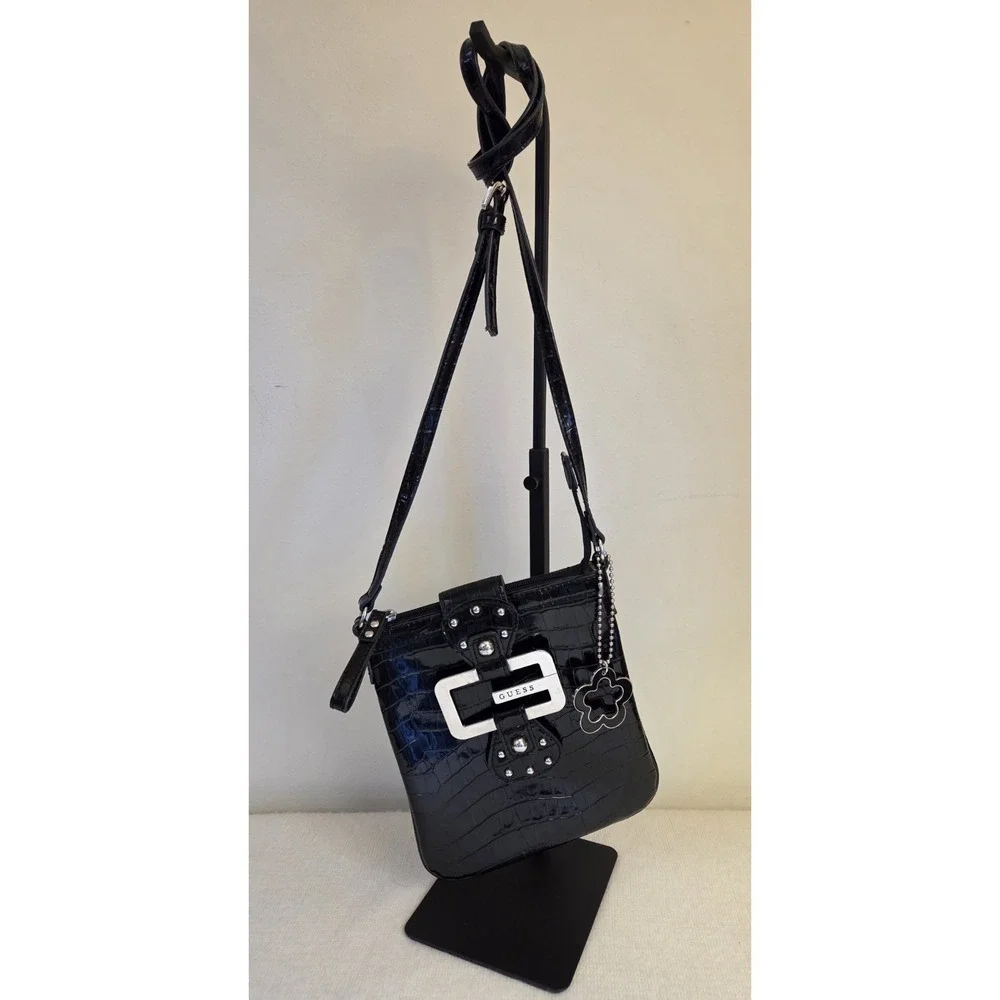 Vintage Y2K Guess Western Croc Big G Silver Studded Patent Black Crossbody Purse